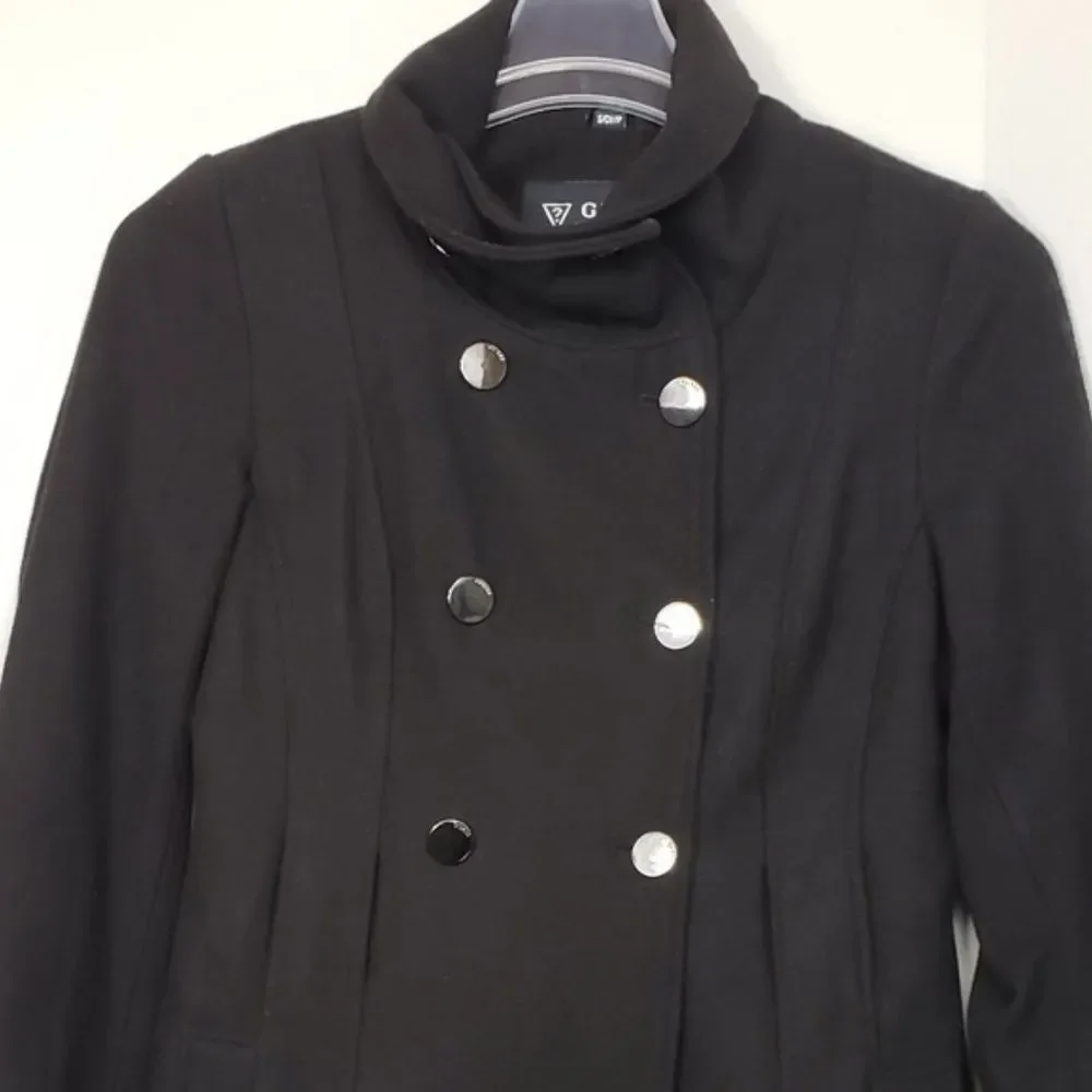 GUESS wool blend military style midi black silver buttons long over coat